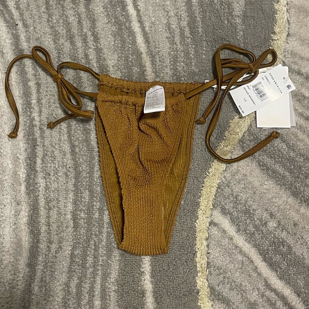 Good American Bronze Brown Crinkle Tie Side Bikini Bottom Size 1/2 NWT